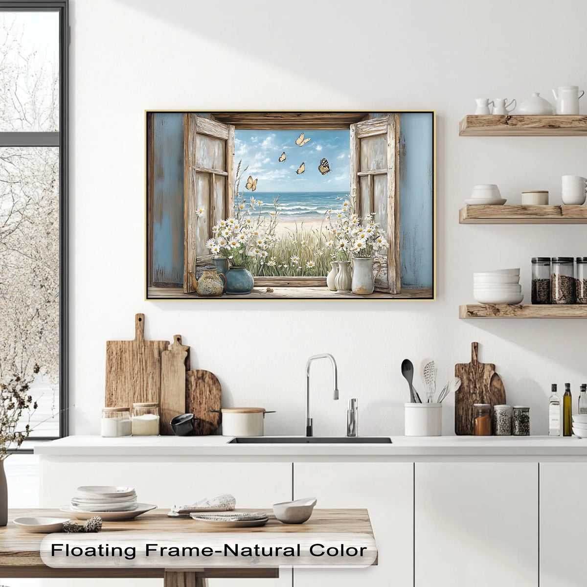 Butterflies appear to flutter off the shore within this vintage window view, adding a sense of movement to this coastal canvas wall decor print.
