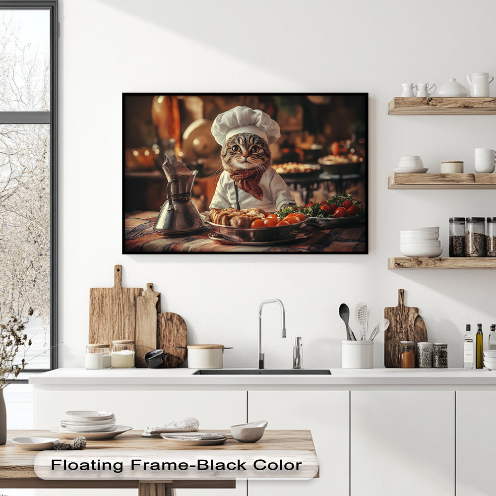 A lively sense of culinary motion is captured by the adorable chef cat presenting its dishes in this charming canvas art prints.