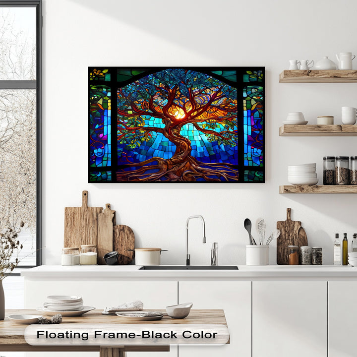 The elegant black floating frame finish beautifully showcases the vibrant stained glass tree of life canvas wall art.