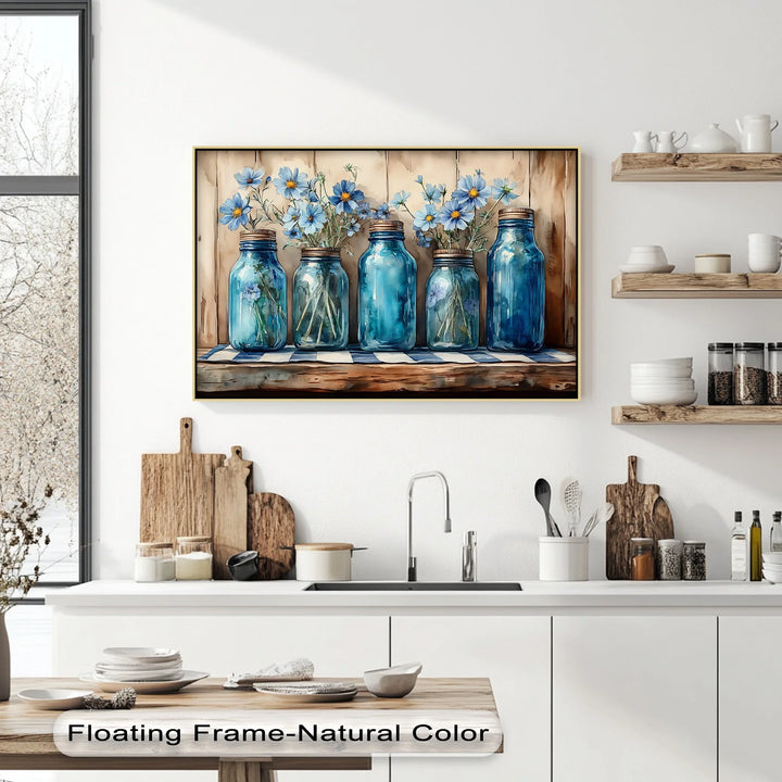 Vintage Blue Mason Jars with Wildflowers – Farmhouse Kitchen Canvas Art - MyPhotoStation