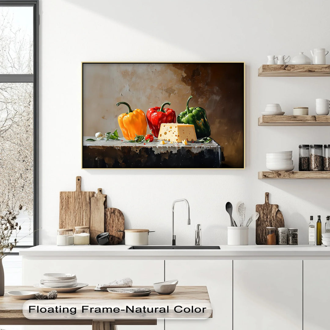 Colorful Bell Peppers & Cheese – Rustic Kitchen Canvas Print - MyPhotoStation