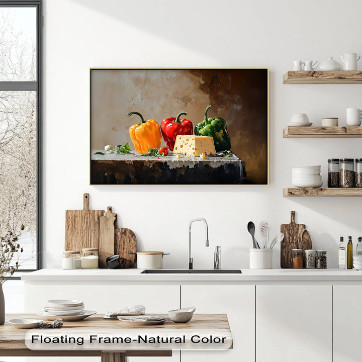 Colorful Bell Peppers & Cheese – Rustic Kitchen Canvas Print - MyPhotoStation