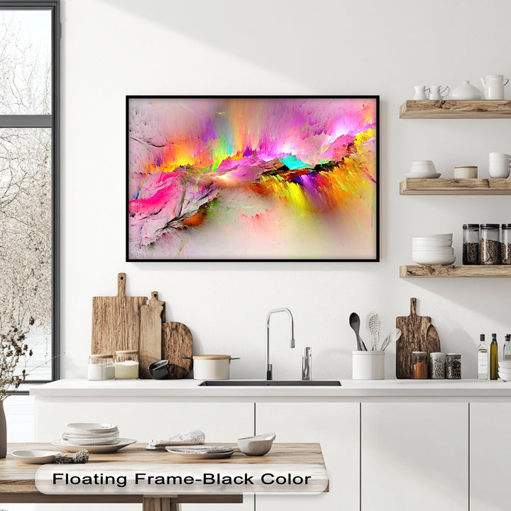 Highlighting its abstract quality, this vibrant Color Burst big canvas print features an explosive mix of pink, yellow, turquoise, and neon colors.