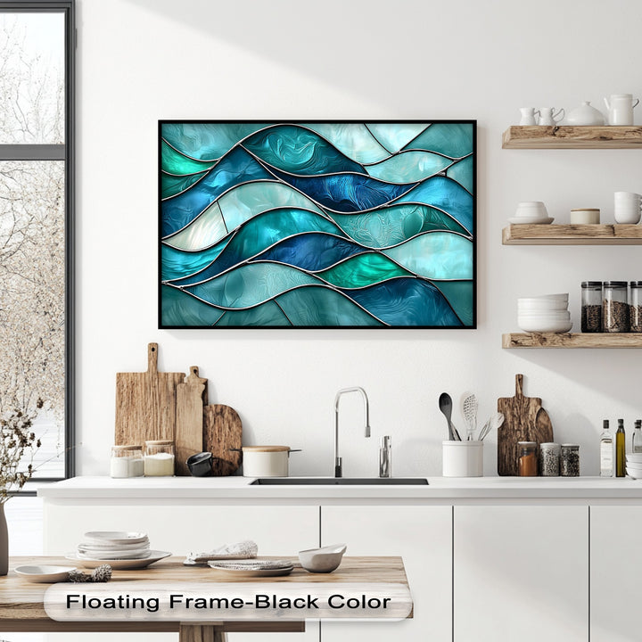 Experience the superior material quality of this hanging canvas, featuring vibrant turquoise and blue waves mimicking stained glass ocean wall art.