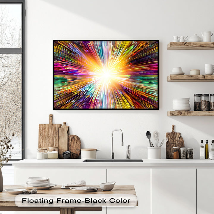 A horizontal rectangular high quality canvas print displays a vibrant and radiant abstract light burst with colorful energy streaks.
