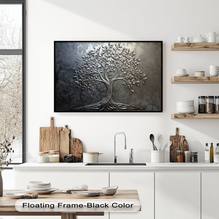 The visual rhythm of the intricate silver tree branches and leaves creates elegant premium canvas decor, a striking botanical wall art piece.