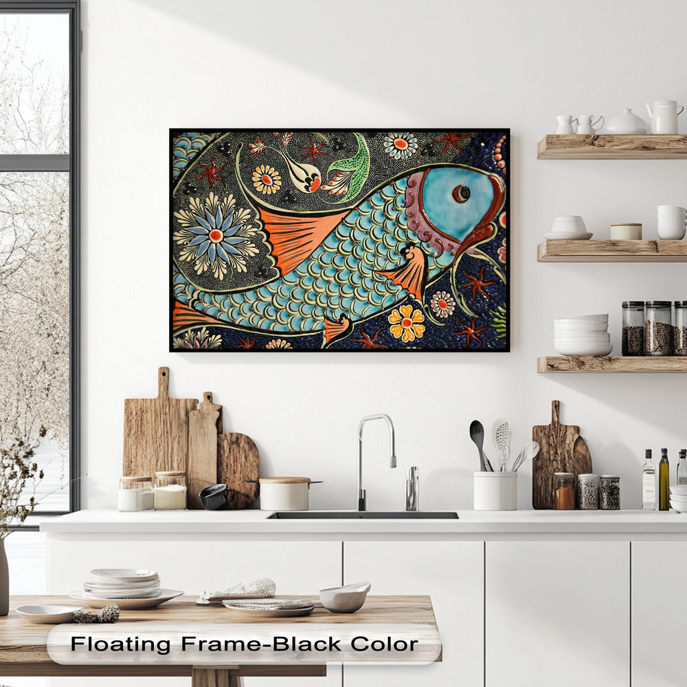 The delicate stippling and smooth curves of the colorful mosaic fish canvas artwork bring a gentle ocean feel to the wall.