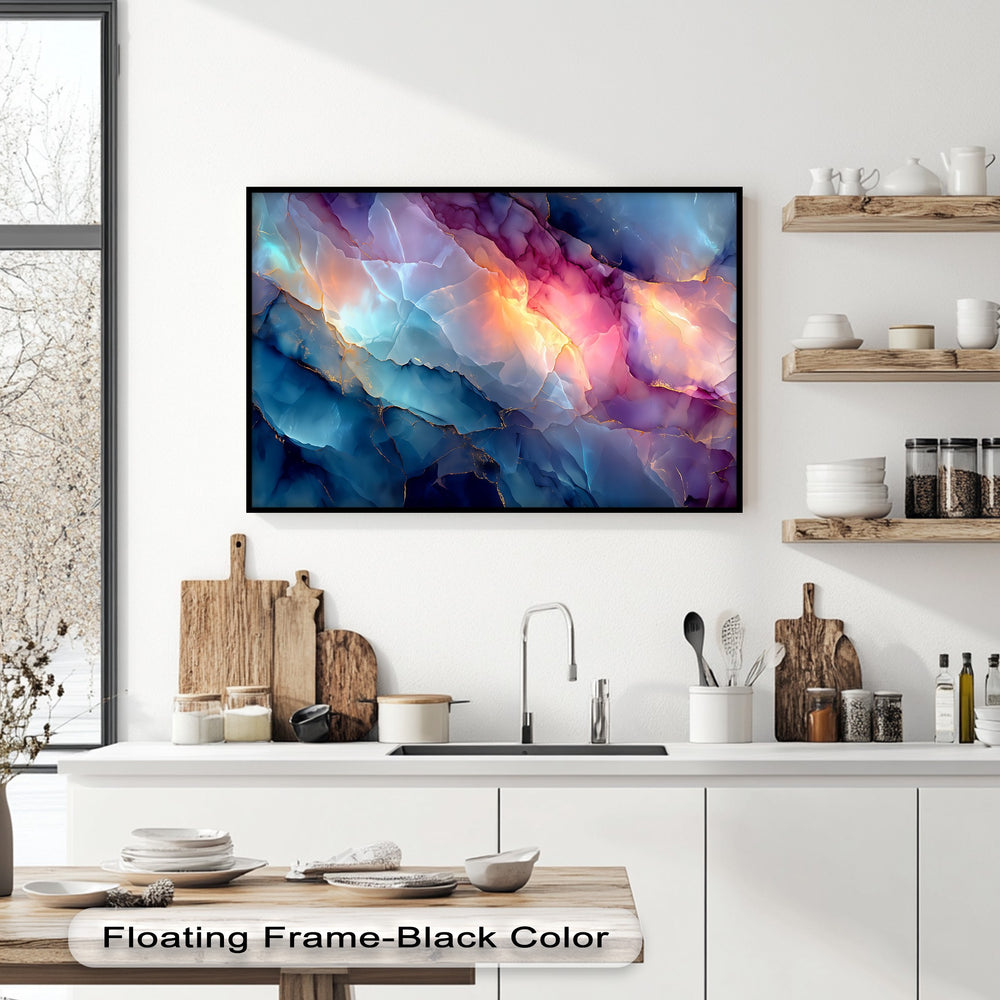 A rustic wooden kitchen counter, artfully arranged with white dishes and a vase, serves as a charming foreground to the vibrant high quality canvas prints.