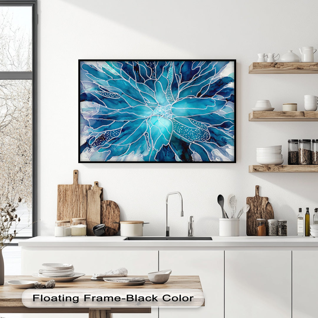 The stillness of the vivid blue watercolor flower, abstract floral wall art, is captured in this best canvas print.