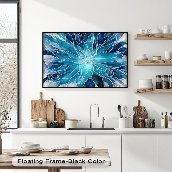The stillness of the vivid blue watercolor flower, abstract floral wall art, is captured in this best canvas print.