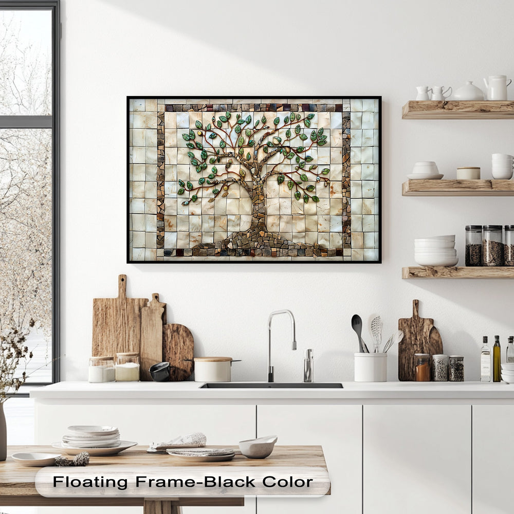 The focal point is a mosaic tree canvas painting displaying lush green leaves against a cream tile background, elegantly set in a black frame.