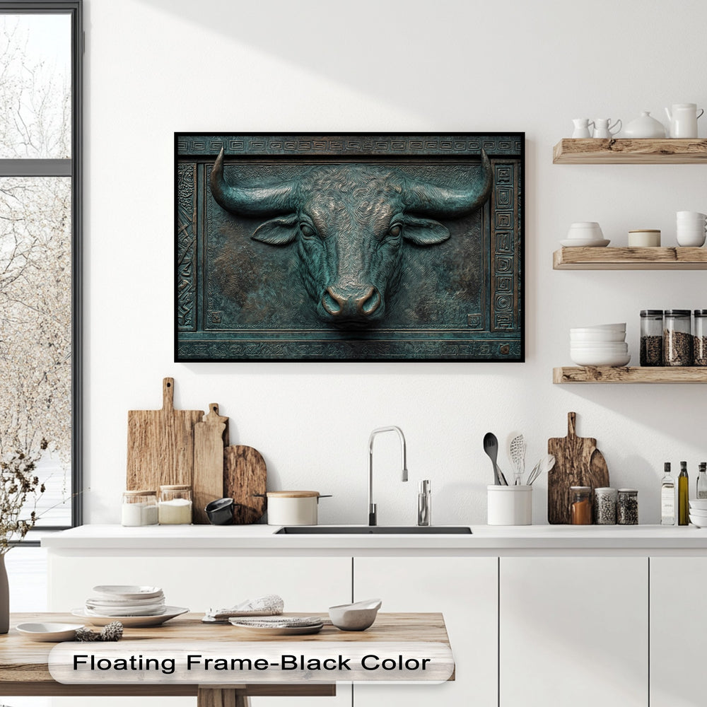 Organic forms of a brawny bronze bull's head, with weathered teal patination, are depicted in a southwestern relief on this unique canvas print.