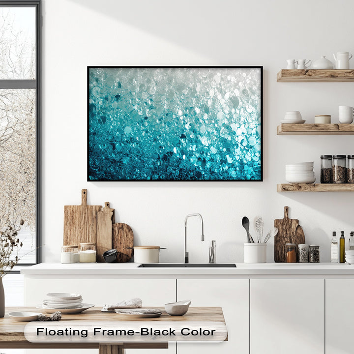 The sleek black floating frame provides a contemporary finish to this vibrant turquoise bubble canvas print, among the best canvas prints.