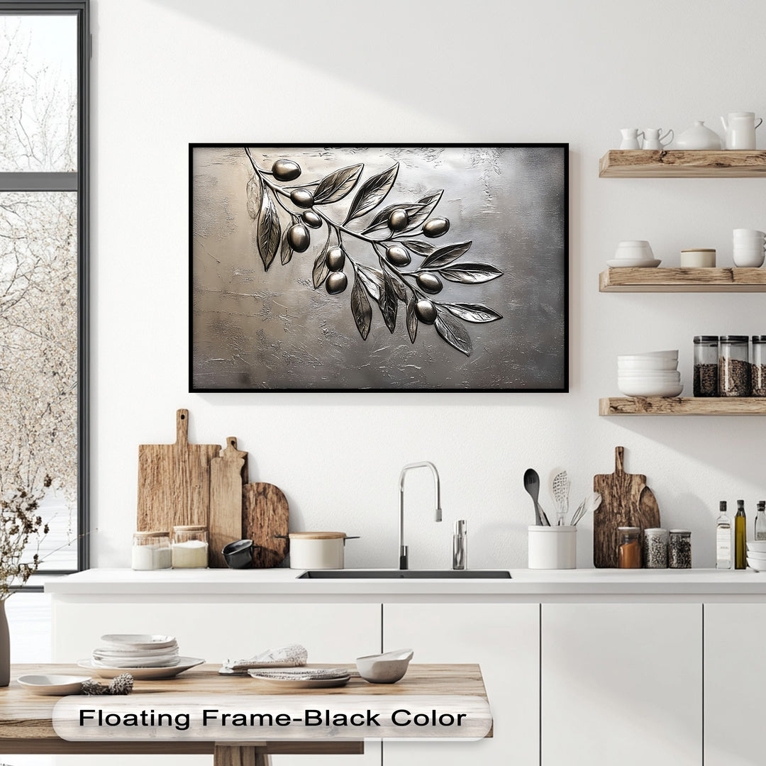 The organic forms of a metallic silver olive branch with leaves and olives are elegantly captured on this high quality canvas prints.