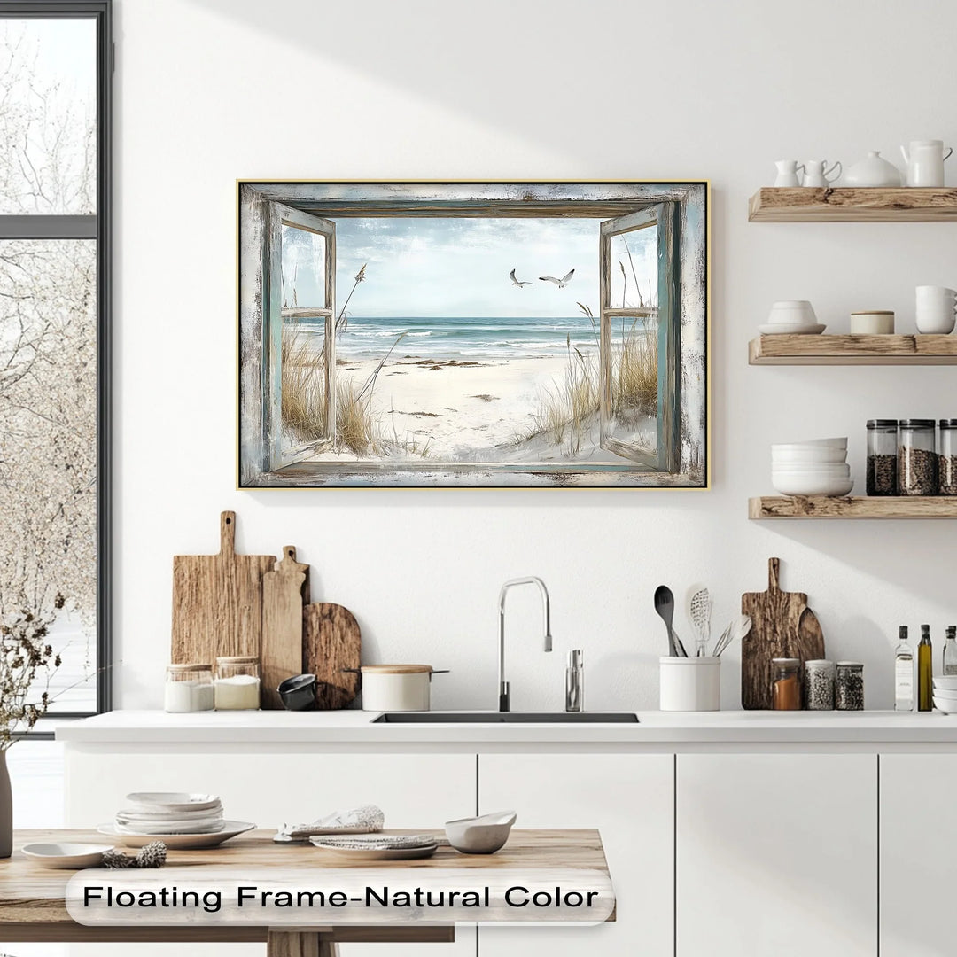 Seaside Escape Through Rustic Window – Kitchen Canvas Art - MyPhotoStation