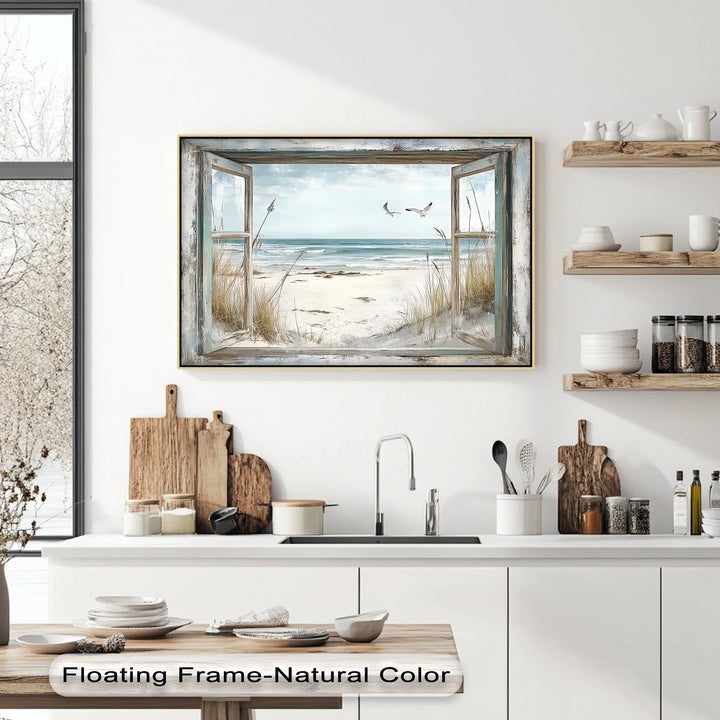Seaside Escape Through Rustic Window – Kitchen Canvas Art - MyPhotoStation