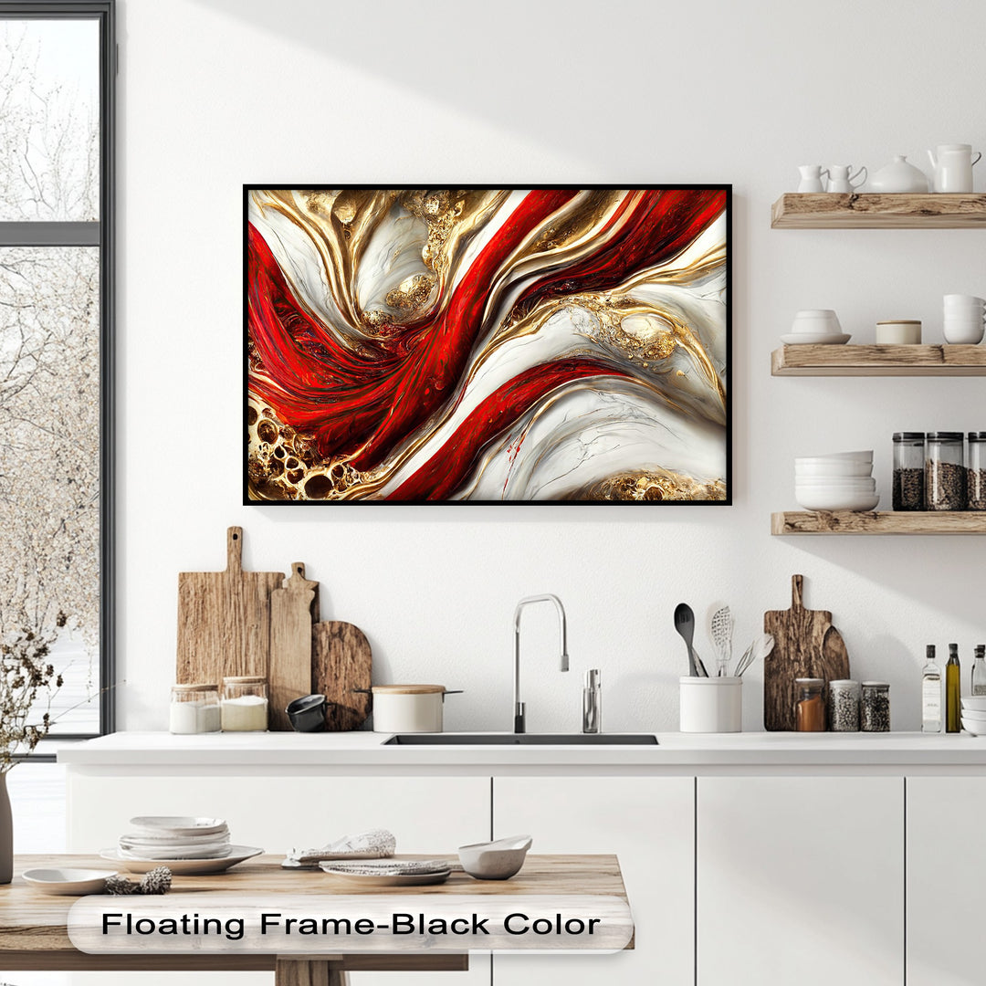 The dynamic transition between deep red, pristine white, and glistening gold creates a luxurious abstract design on this big canvas print wall art.