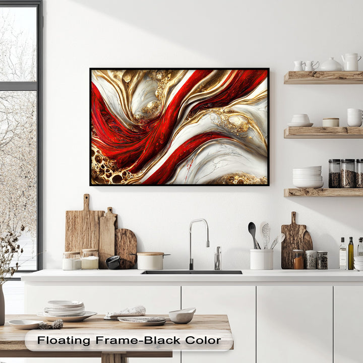 The dynamic transition between deep red, pristine white, and glistening gold creates a luxurious abstract design on this big canvas print wall art.