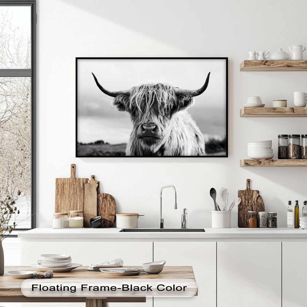 The high quality canvas prints of the Highland cow are presented with a sleek black floating frame, defining its elegant finish.