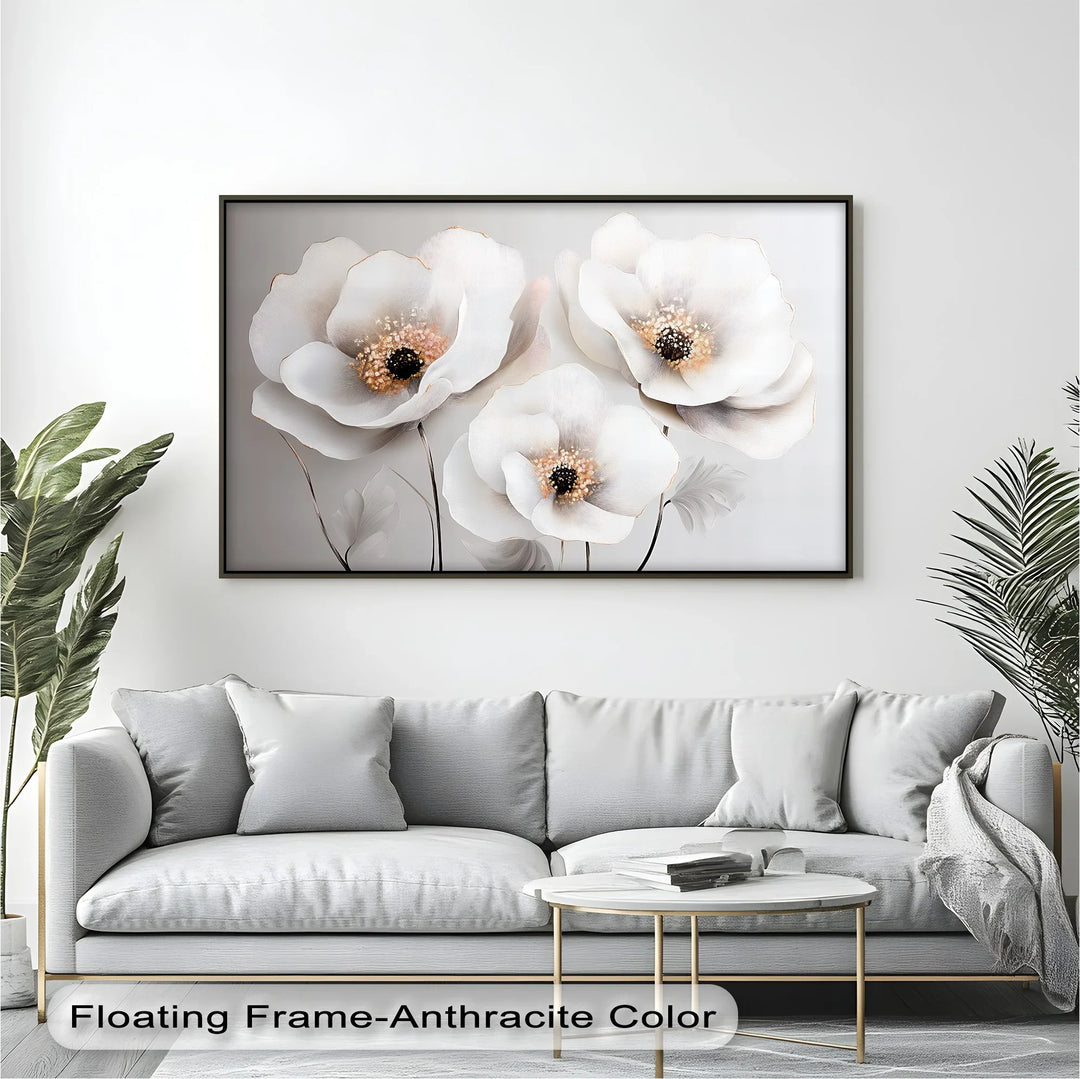 Whispering Petals – textured white flower artwork for living room.

