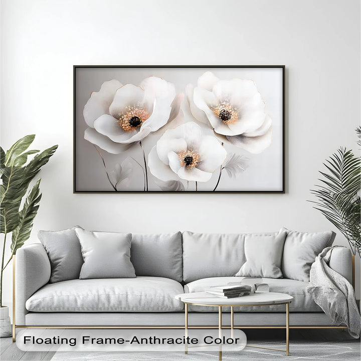 Whispering Petals – textured white flower artwork for living room.

