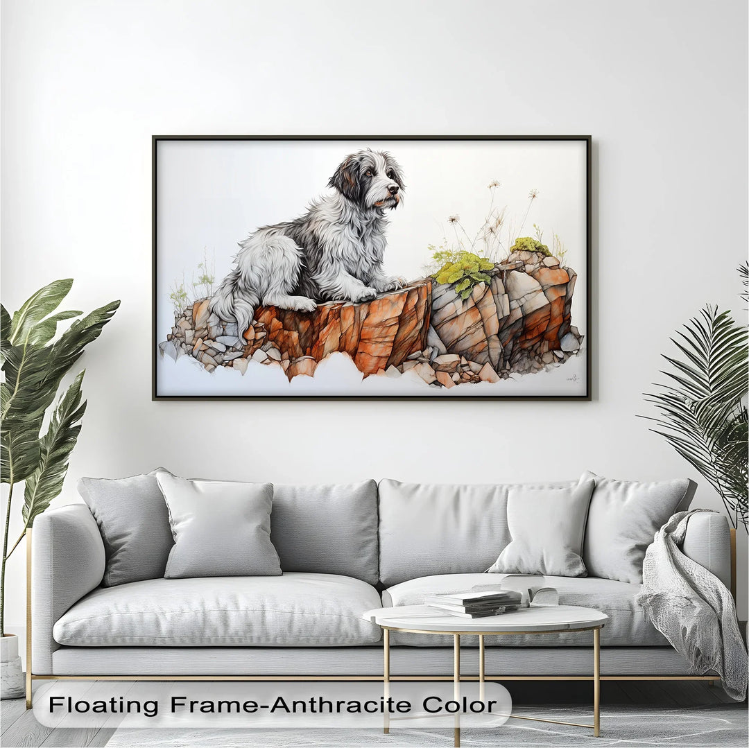 Cliffside Watch – Shaggy Dog on Rocky Ledge Pencil Art Canvas Print - MyPhotoStation