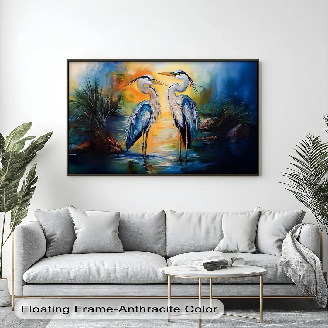 Twin Grace – Elegant Blue Herons at Sunset Canvas Wall Art - MyPhotoStation