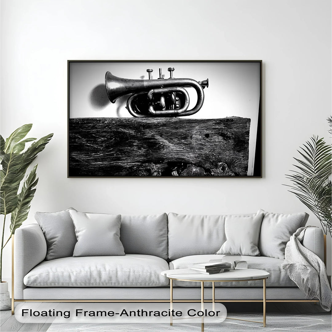 Rustic Trumpet Still Life – Black and White Vintage Music Canvas Prints - MyPhotoStation