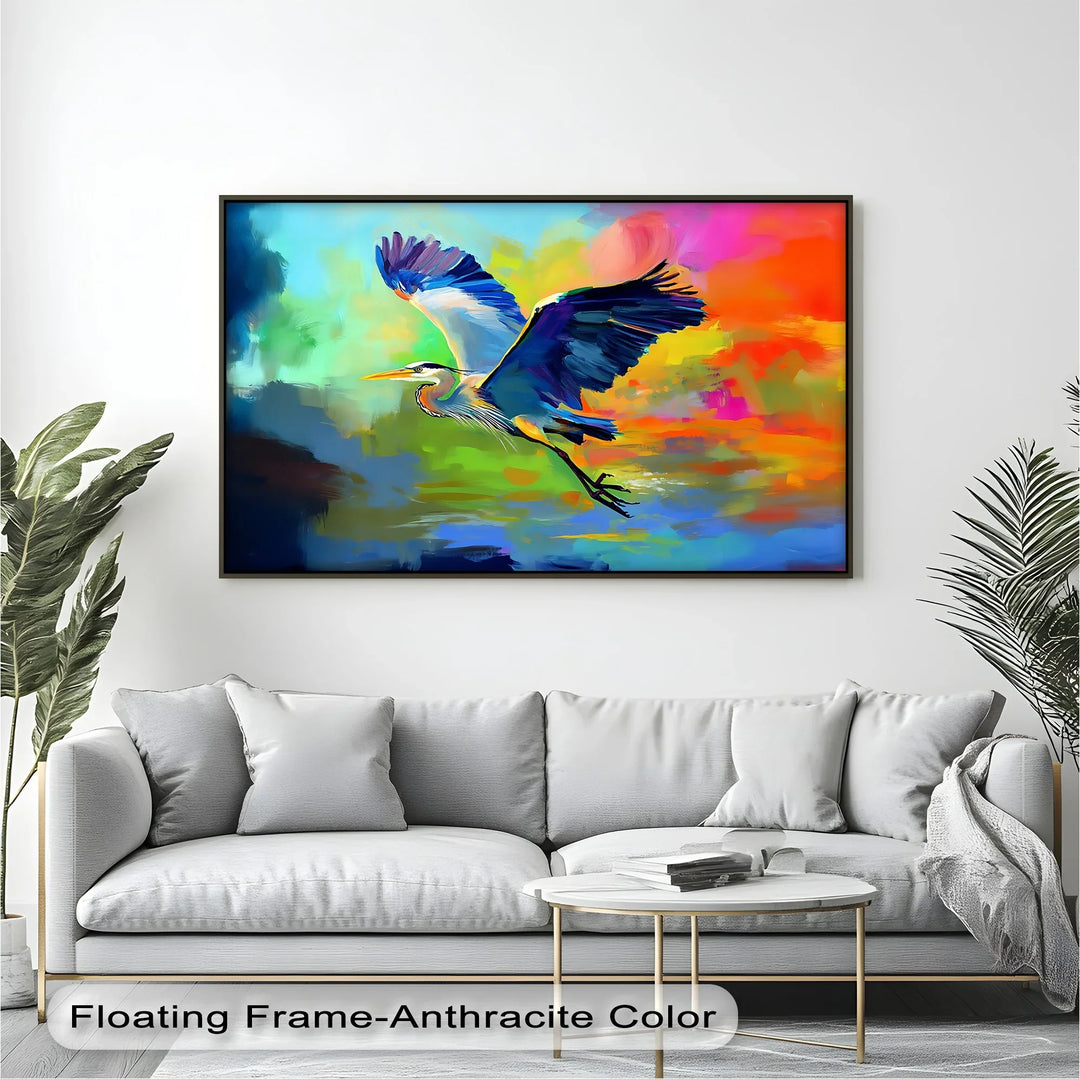 Flight of Radiance – Blue Heron in Vibrant Skies Canvas Print - MyPhotoStation