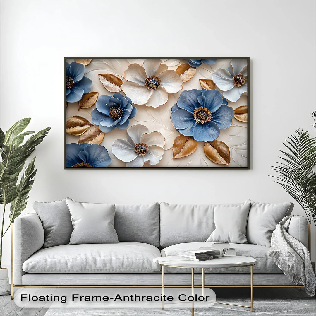 Blue and Gold Elegance – Sophisticated Floral Canvas Wall Art - MyPhotoStation