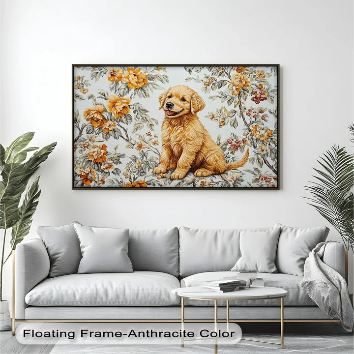 Smiling Golden Retriever Puppy with Vintage Floral Backdrop - Canvas Print - MyPhotoStation