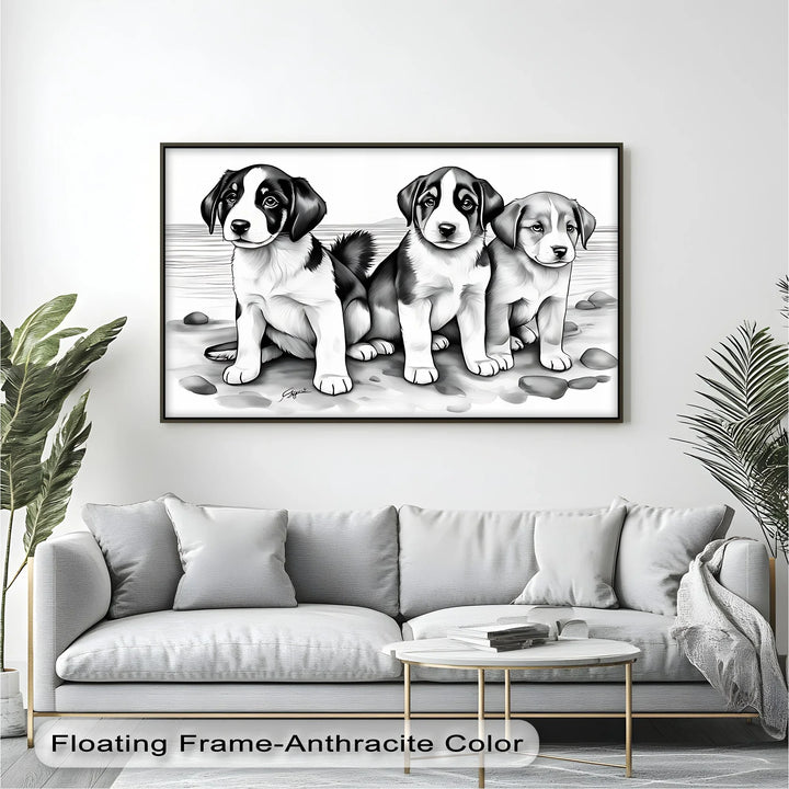 Seaside Trio – Monochrome Puppy Portrait at the Shore Canvas Print - MyPhotoStation