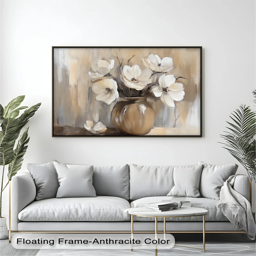 Vintage Serenity – Beige Vase with Cream Flowers Canvas Wall Art - MyPhotoStation