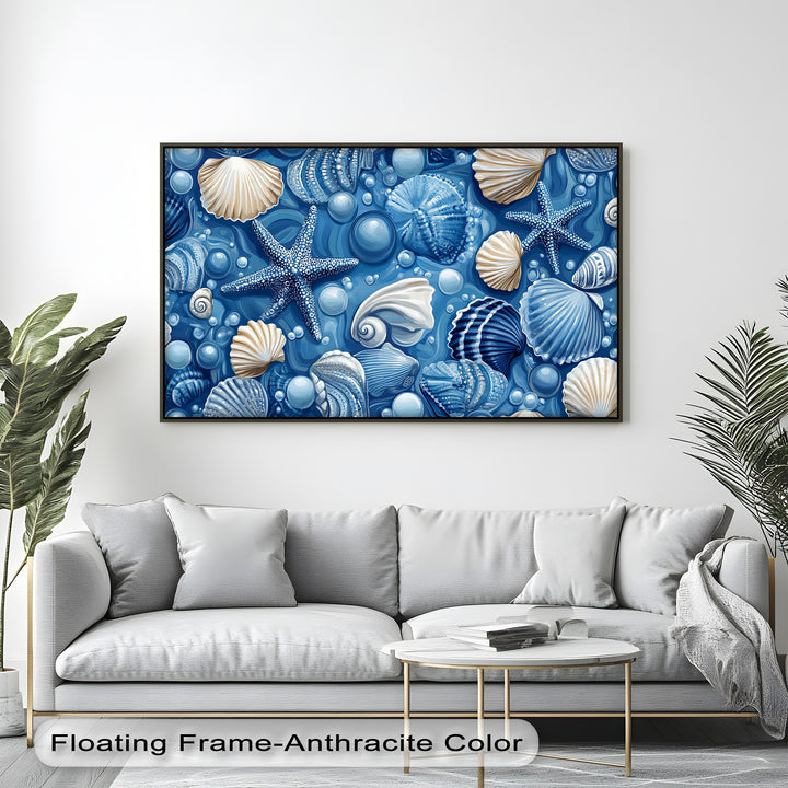 Capture the beauty of the sea with this ocean bathroom canvas print, showcasing intricate seashell details and a calming underwater color palette.

