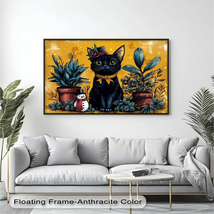 Black Cat with Holiday Hat and Yellow Ribbon - Cat Canvas Print - MyPhotoStation