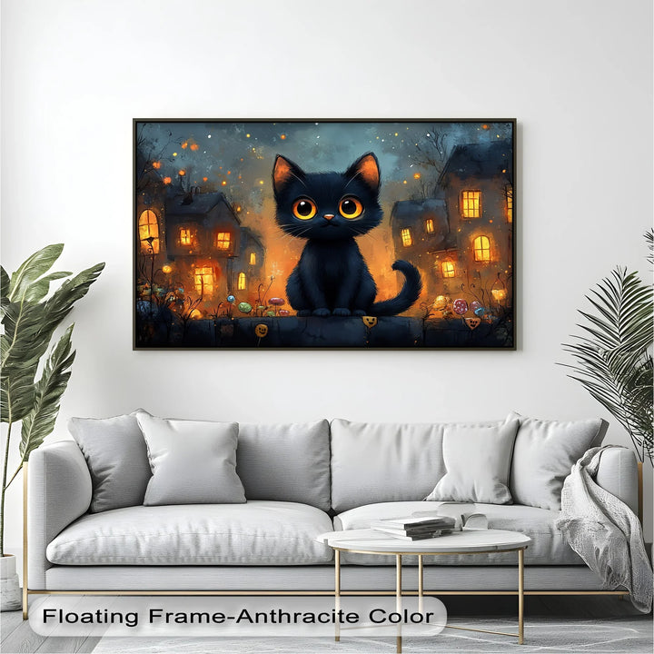 Big-Eyed Black Kitten in a Halloween Town - Cat Canvas Print - MyPhotoStation