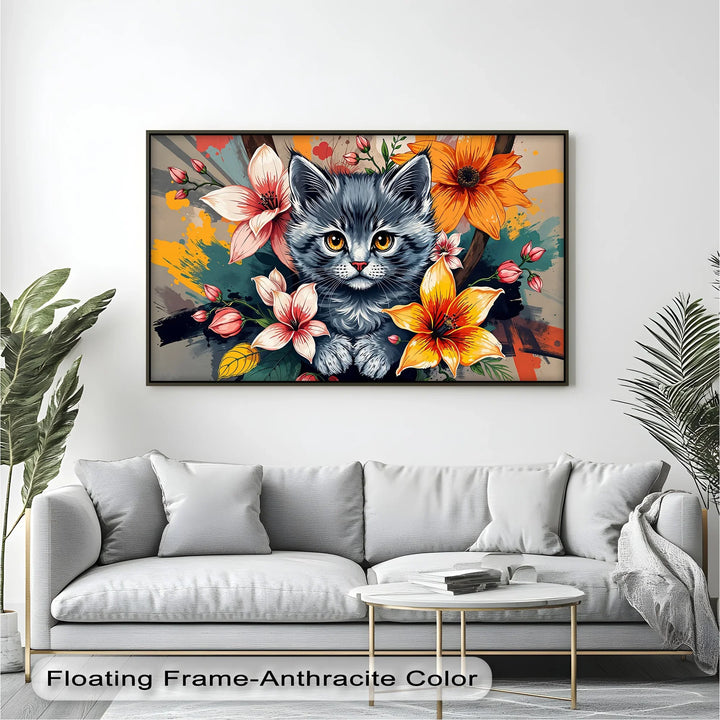 Bloom Burst – Gray Kitten with Vibrant Florals Cat Canvas Print - MyPhotoStation