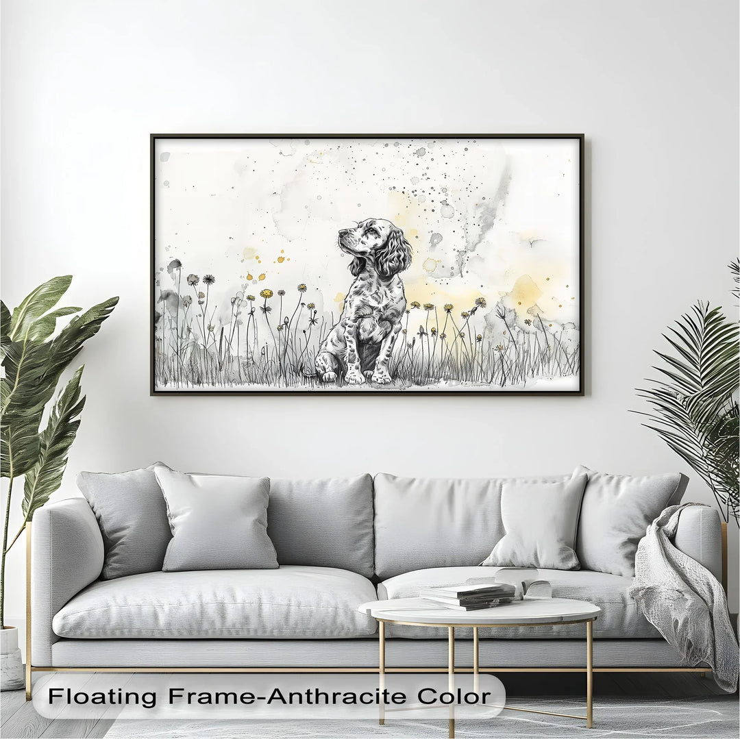 Gentle Wonder – Ink Sketch Puppy in Dandelion Meadow Canvas Print - MyPhotoStation