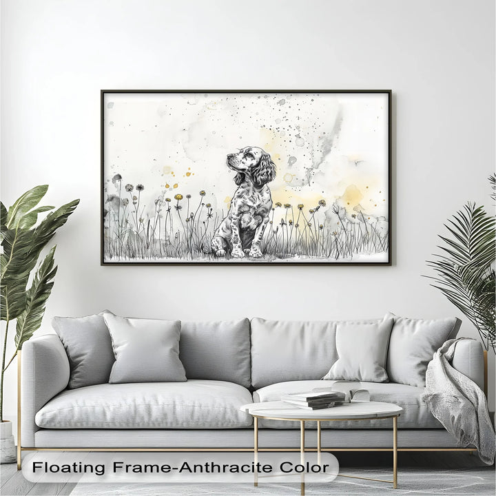 Gentle Wonder – Ink Sketch Puppy in Dandelion Meadow Canvas Print - MyPhotoStation