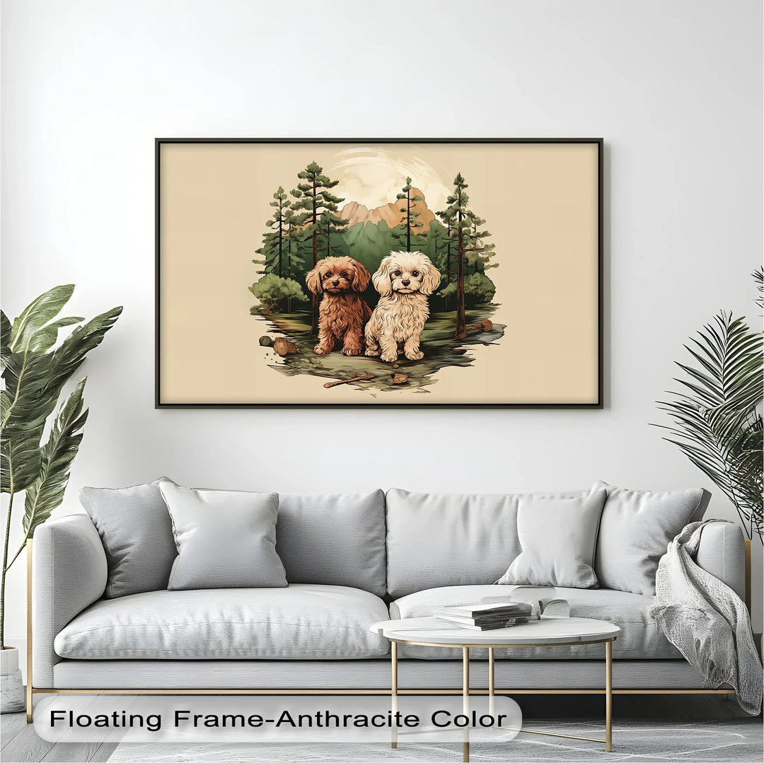 Wilderness Companions – Two Puppies in Forest Mountain Scene Canvas Print - MyPhotoStation