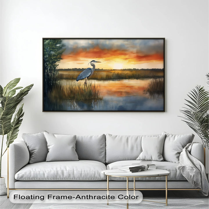 Golden Hour Marshland – Sunset Heron Canvas Wall Art - MyPhotoStation