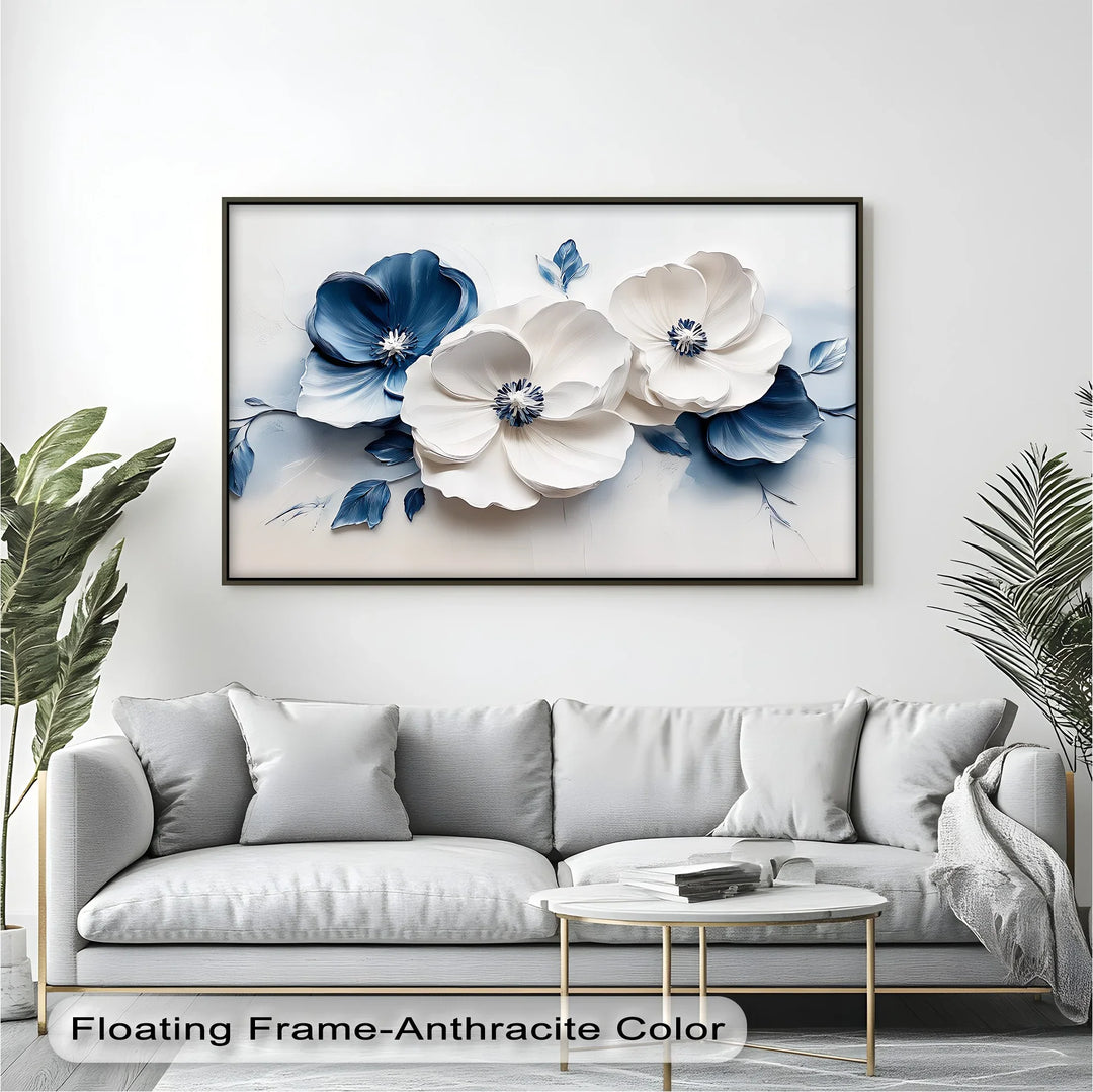 Blue Serenity Blooms – White and Navy Floral Canvas Wall Art - MyPhotoStation