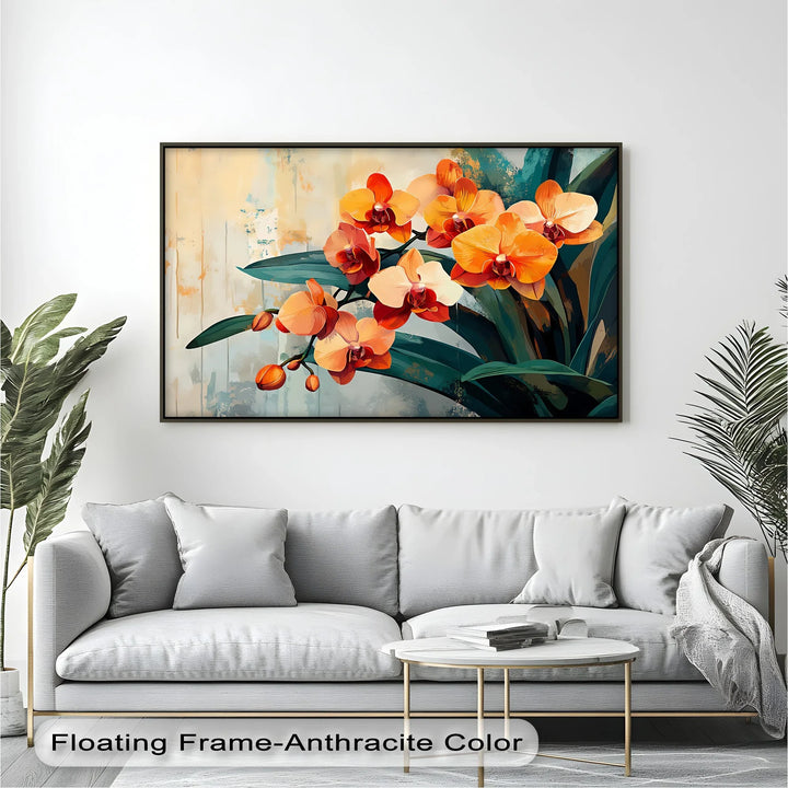 Golden Orchid Blooms – colorful botanical canvas wall art.

