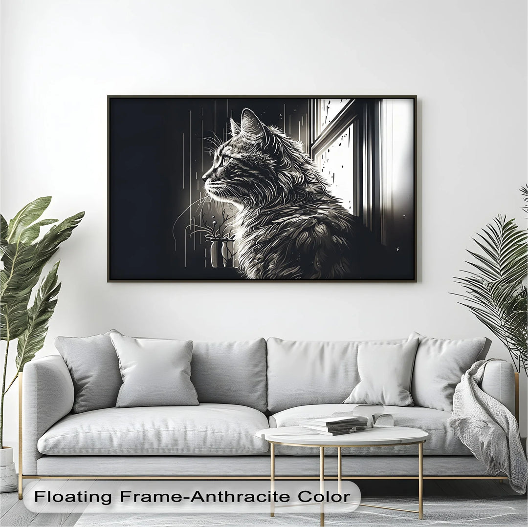 Cat Looking Out the Window in Monochrome - Cat Canvas Print - MyPhotoStation