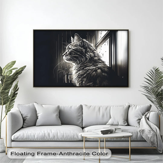 Pensive mood emanates from this monochrome 'Cat Looking Out the Window' canvas painting, perfect as elegant cat wall art for a sophisticated interior.