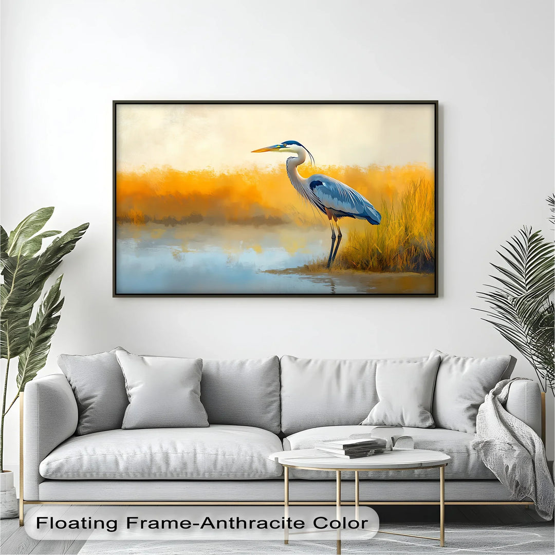 Still Waters – Majestic Heron in Misty Marshland Canvas Wall Art - MyPhotoStation