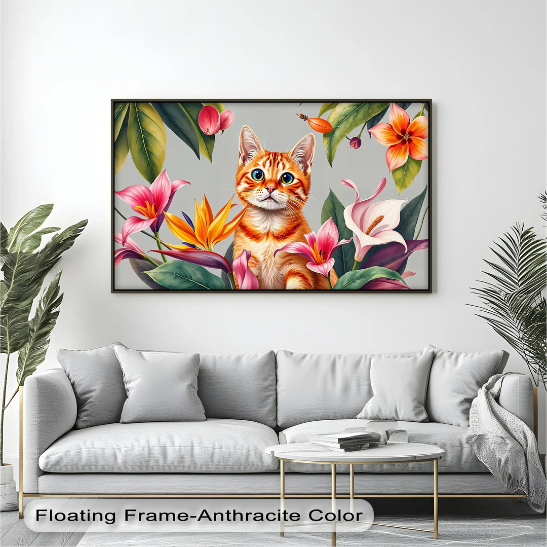 Tropical Curiosity – Orange Tabby Among Exotic Flowers Cat Canvas Print - MyPhotoStation