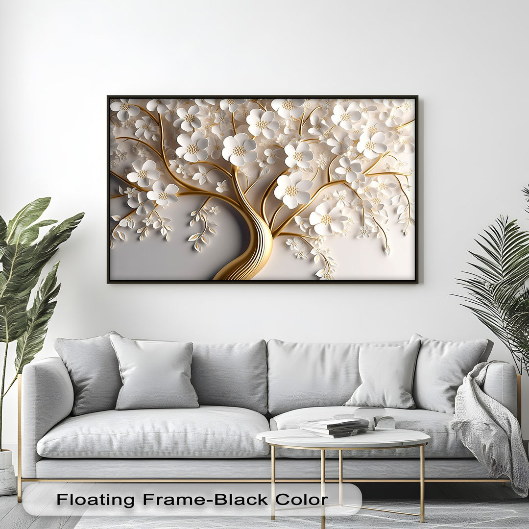 The serene mood of this White Blossom Tree premium canvas decor creates a luxurious and elegant floral wall art display.