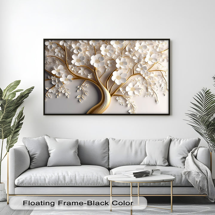 The serene mood of this White Blossom Tree premium canvas decor creates a luxurious and elegant floral wall art display.