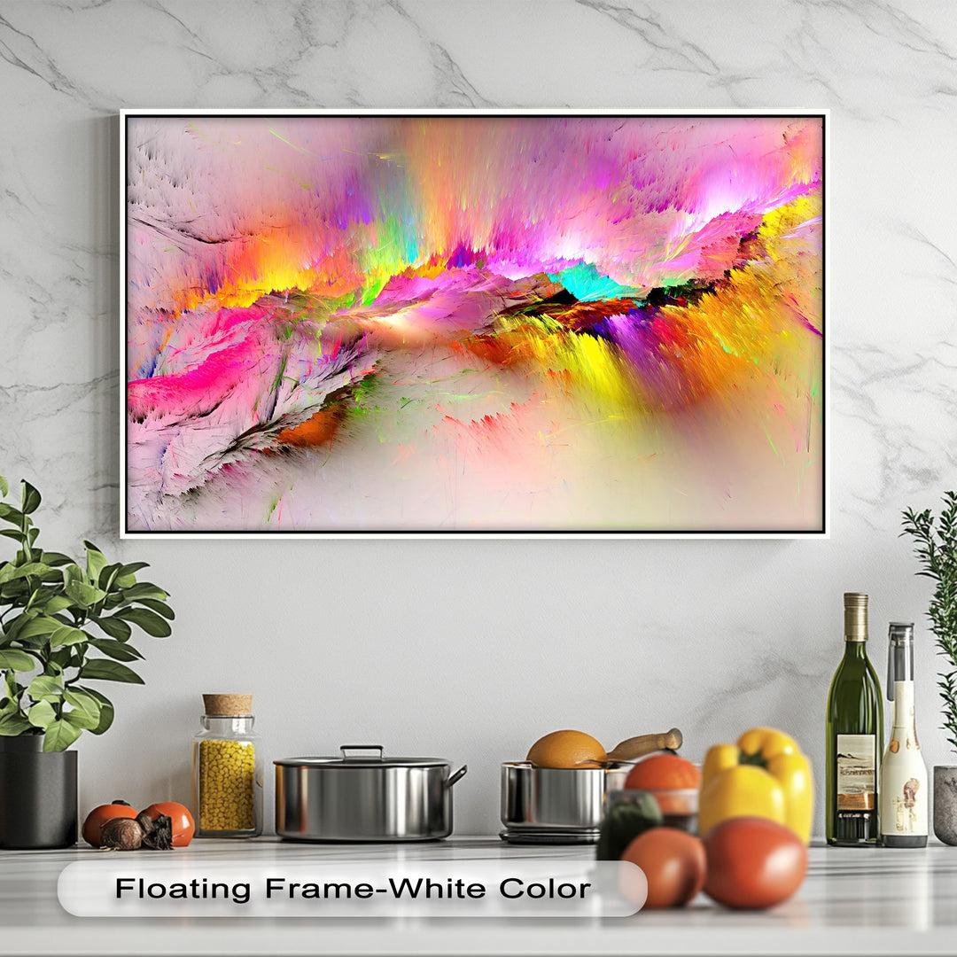 Soft, diffused pink and white background hues softly highlight the color burst vibrant abstract best canvas prints.